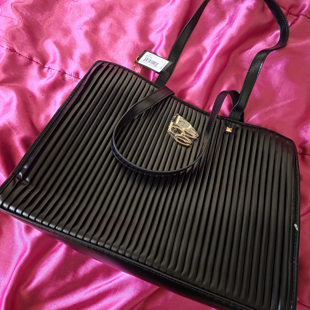 bebe Black Ribbed Tote Bag
